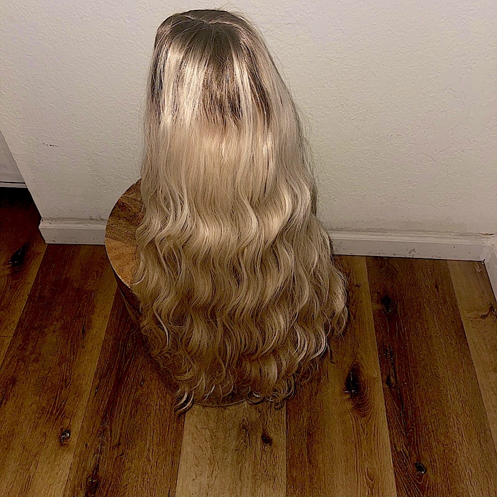 Ash Blonde Lace Front Wig with brown root 26” long #M